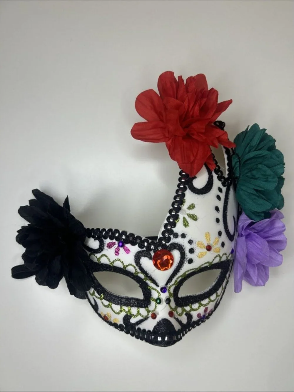 Handmade Day of the Dead Sugar Skull Mask -Red Black Purple Green Flowers, Used